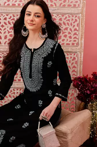 hand embroidered black cotton lucknowi chikankari straight kurta