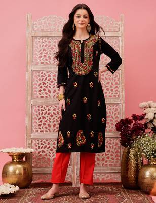 hand embroidered black cotton lucknowi chikankari straight kurta 1