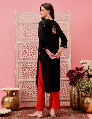 hand embroidered black cotton lucknowi chikankari straight kurta 2