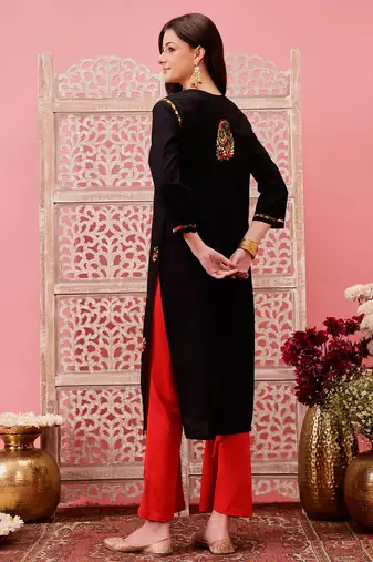 hand embroidered black cotton lucknowi chikankari straight kurta
