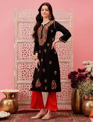 hand embroidered black cotton lucknowi chikankari straight kurta 3