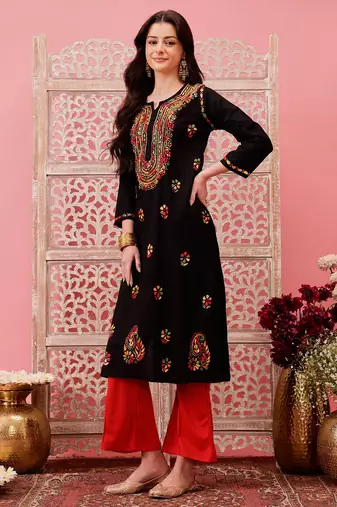 hand embroidered black cotton lucknowi chikankari straight kurta