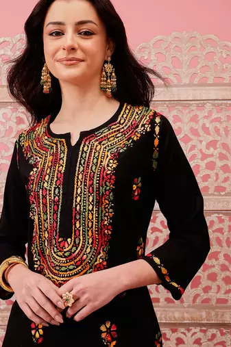 hand embroidered black cotton lucknowi chikankari straight kurta