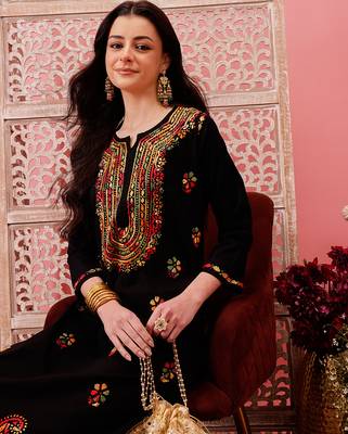 hand embroidered black cotton lucknowi chikankari straight kurta 5
