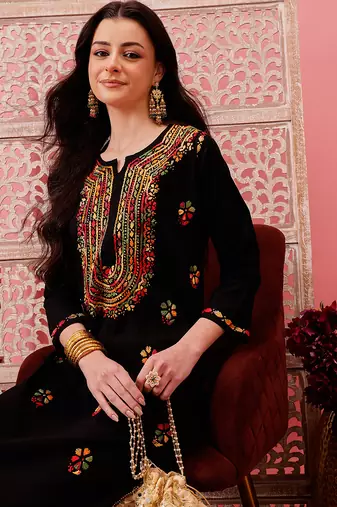 hand embroidered black cotton lucknowi chikankari straight kurta