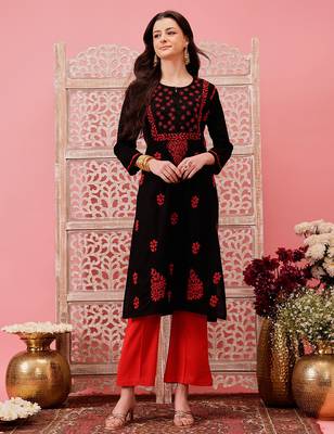 hand embroidered black cotton lucknowi chikankari straight kurta 1