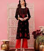 hand embroidered black cotton lucknowi chikankari straight kurta