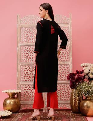 hand embroidered black cotton lucknowi chikankari straight kurta 2