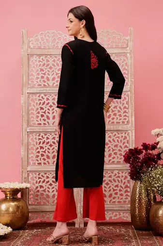 hand embroidered black cotton lucknowi chikankari straight kurta