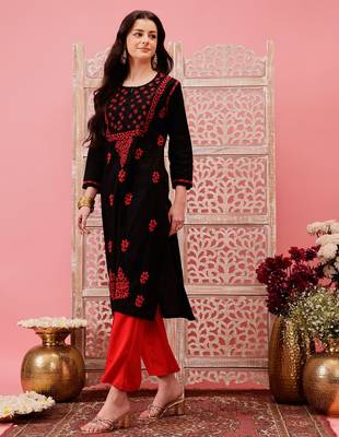 hand embroidered black cotton lucknowi chikankari straight kurta 3