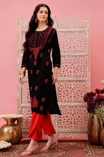 hand embroidered black cotton lucknowi chikankari straight kurta