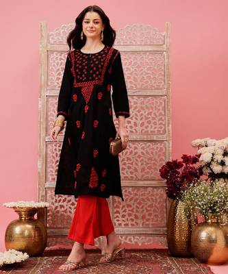 hand embroidered black cotton lucknowi chikankari straight kurta 4