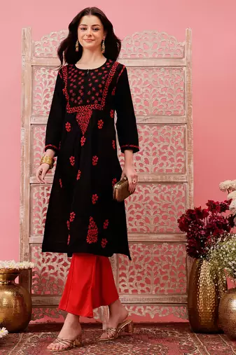 hand embroidered black cotton lucknowi chikankari straight kurta