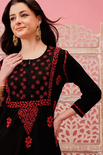 hand embroidered black cotton lucknowi chikankari straight kurta