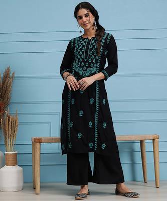 hand embroidered black cotton lucknowi chikankari straight kurta 1