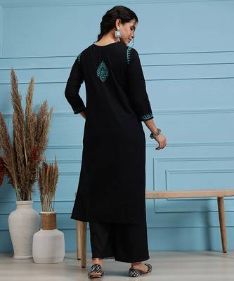 hand embroidered black cotton lucknowi chikankari straight kurta 2