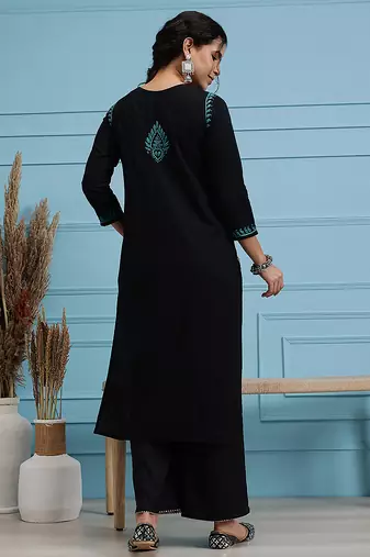 hand embroidered black cotton lucknowi chikankari straight kurta