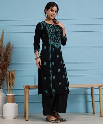 hand embroidered black cotton lucknowi chikankari straight kurta 3