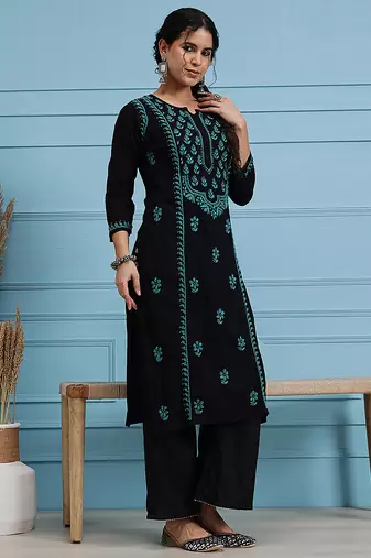 hand embroidered black cotton lucknowi chikankari straight kurta