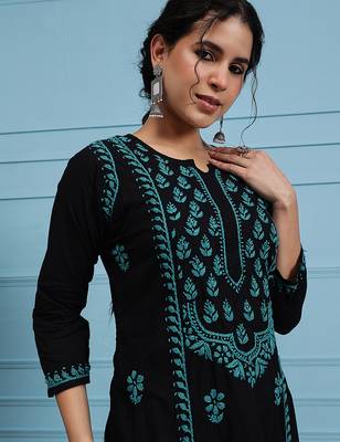 hand embroidered black cotton lucknowi chikankari straight kurta 4