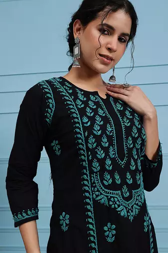 hand embroidered black cotton lucknowi chikankari straight kurta