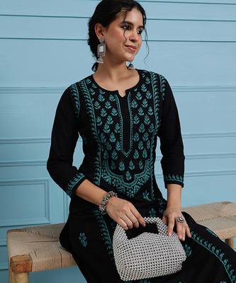hand embroidered black cotton lucknowi chikankari straight kurta 5