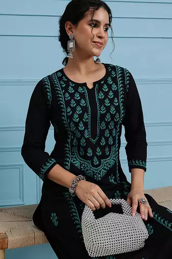 hand embroidered black cotton lucknowi chikankari straight kurta