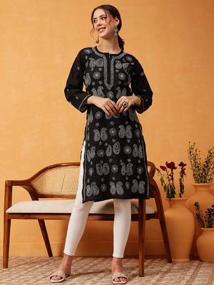hand embroidered black cotton lucknowi chikankari straight kurta 1