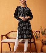 hand embroidered black cotton lucknowi chikankari straight kurta