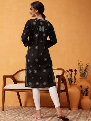 hand embroidered black cotton lucknowi chikankari straight kurta 2