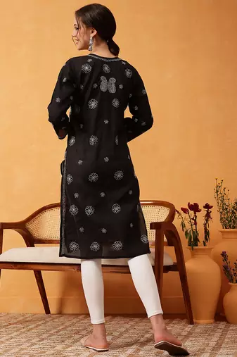 hand embroidered black cotton lucknowi chikankari straight kurta