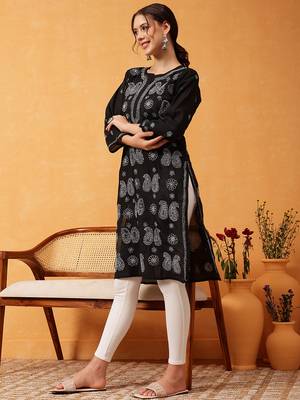 hand embroidered black cotton lucknowi chikankari straight kurta 3