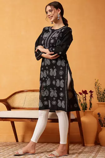 hand embroidered black cotton lucknowi chikankari straight kurta