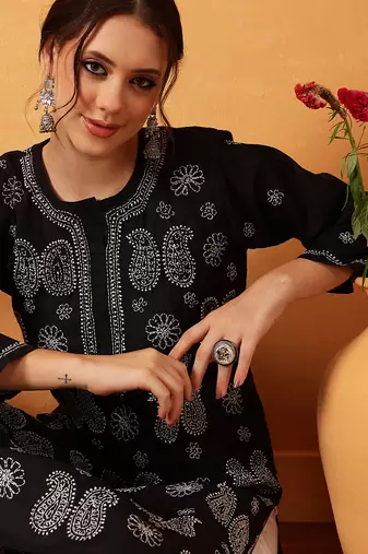 hand embroidered black cotton lucknowi chikankari straight kurta