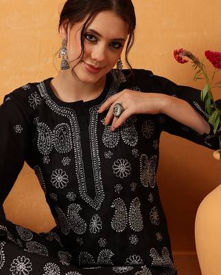 hand embroidered black cotton lucknowi chikankari straight kurta 5