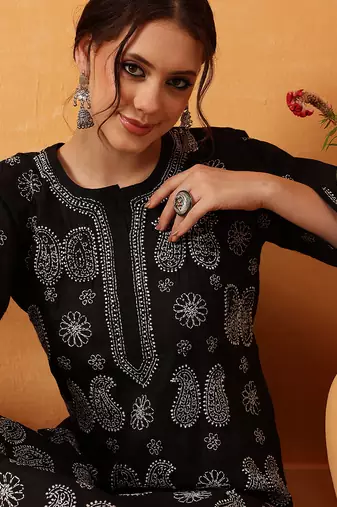 hand embroidered black cotton lucknowi chikankari straight kurta