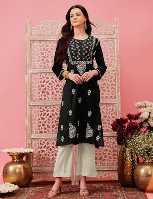 hand embroidered black cotton lucknowi chikankari straight kurta 1