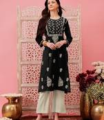 hand embroidered black cotton lucknowi chikankari straight kurta