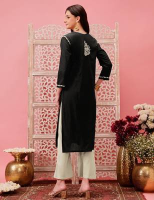 hand embroidered black cotton lucknowi chikankari straight kurta 2