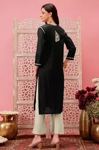 hand embroidered black cotton lucknowi chikankari straight kurta