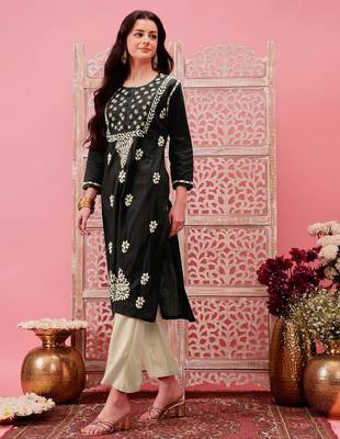hand embroidered black cotton lucknowi chikankari straight kurta 3