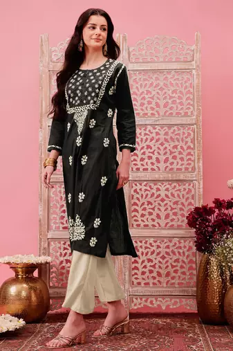 hand embroidered black cotton lucknowi chikankari straight kurta