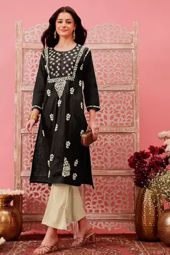 hand embroidered black cotton lucknowi chikankari straight kurta