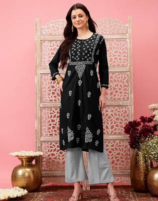 hand embroidered black cotton lucknowi chikankari straight kurta 1