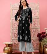 hand embroidered black cotton lucknowi chikankari straight kurta