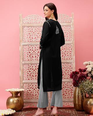 hand embroidered black cotton lucknowi chikankari straight kurta 2