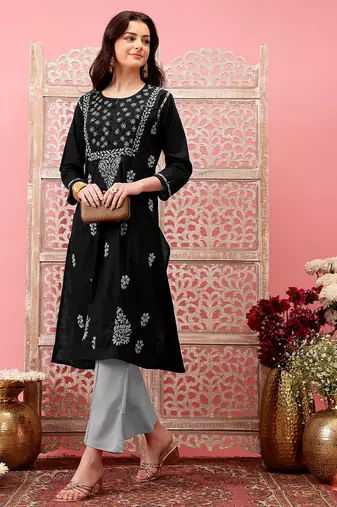 hand embroidered black cotton lucknowi chikankari straight kurta