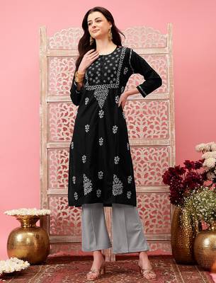 hand embroidered black cotton lucknowi chikankari straight kurta 4