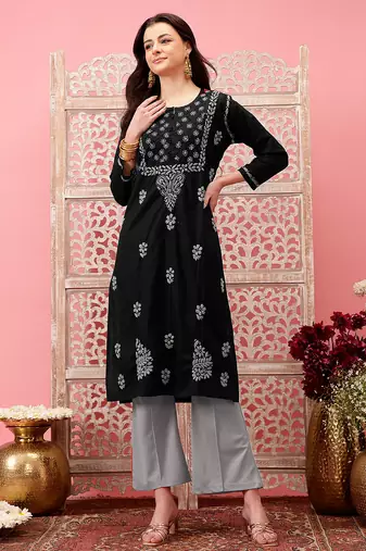 hand embroidered black cotton lucknowi chikankari straight kurta