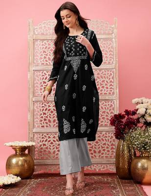 hand embroidered black cotton lucknowi chikankari straight kurta 5